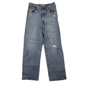 Levis Ribcage Straight Ankle Jeans 26 Light Wash Blue Distressed High Rise Denim